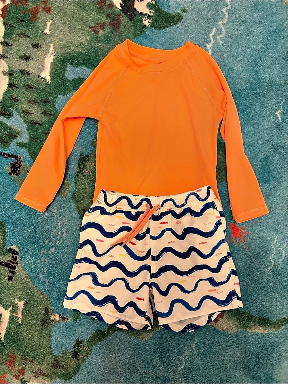 Quince Swim Trunk and Rash Guard Set Orange & Blue Size 3T